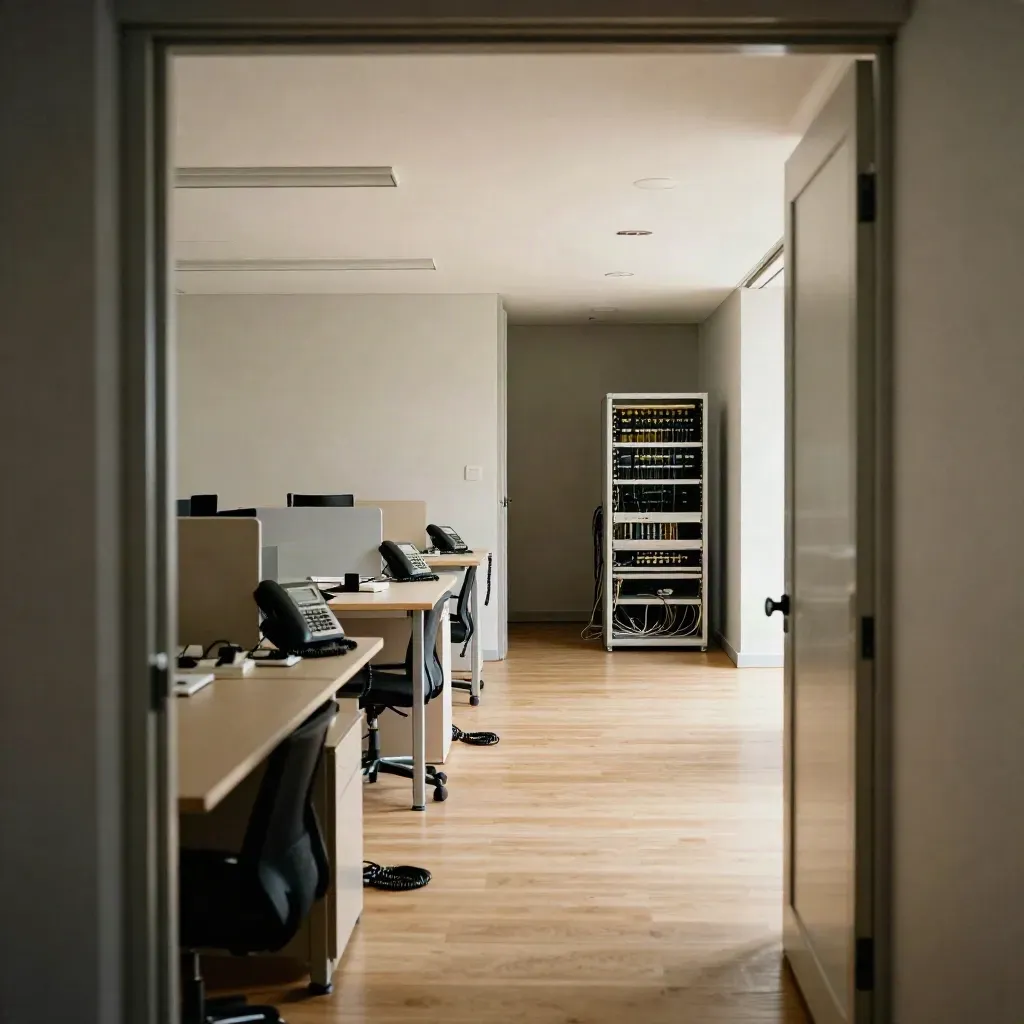 Empty new office with live desk phones, ceiling access points and a glowing network closet