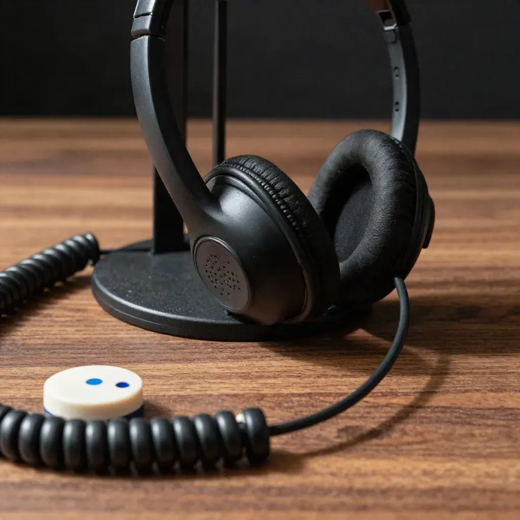 Macro of a support headset, handset cradle, status puck and coiled lead on walnut wood.