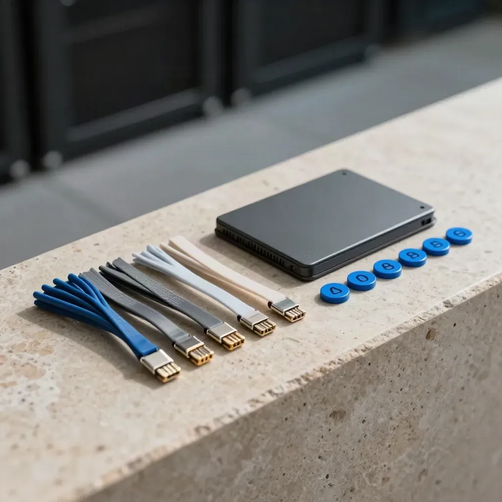 Color-coded cable ties, sealed SSD and status tokens arranged on a stone ledge in soft side light.