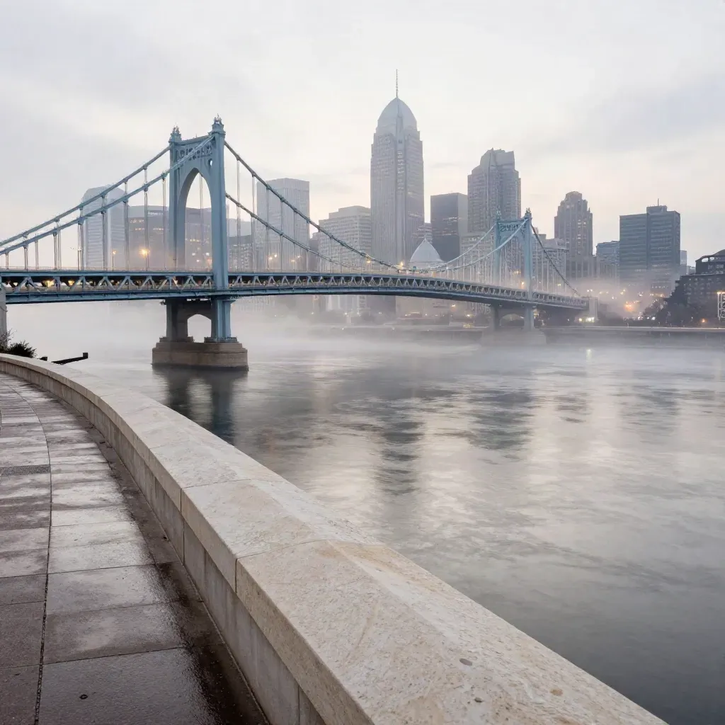 Philadelphia skyline and Ben Franklin Bridge emerging through river fog at blue hour